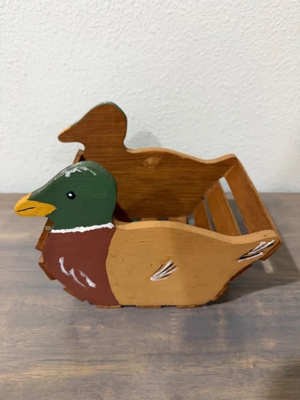Vintage Handmade Wooden Mallard Duck Basket Farm Decor